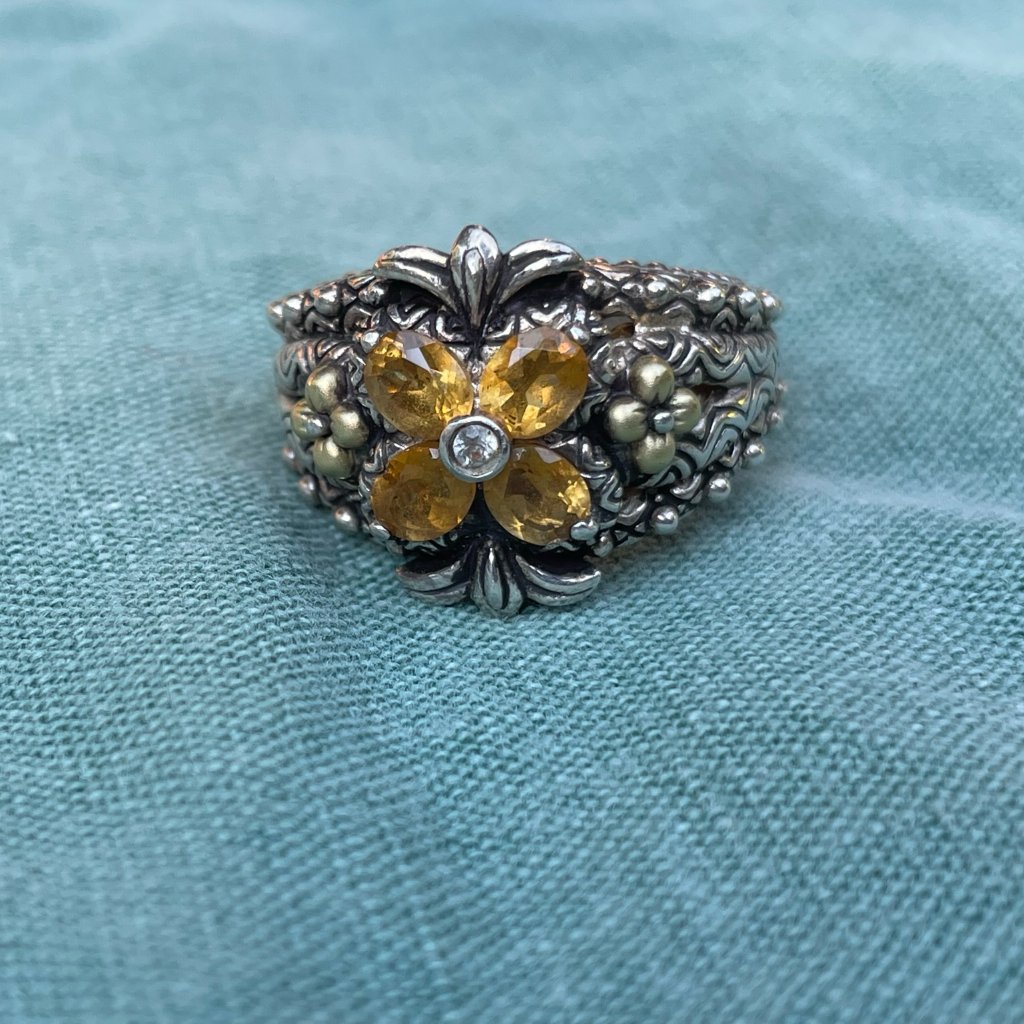 Barbara Bixby Sterling Silver/18k Gold Citrine Flower Ring